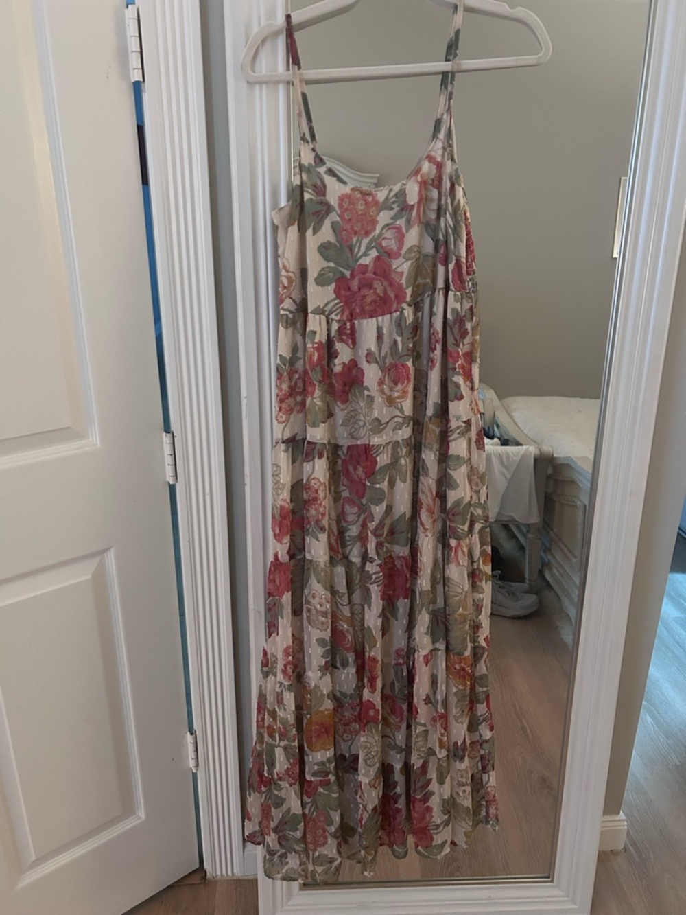 Mango Cream Floral Smocked Maxi Dress with Pink and Yellow Blooms Size M